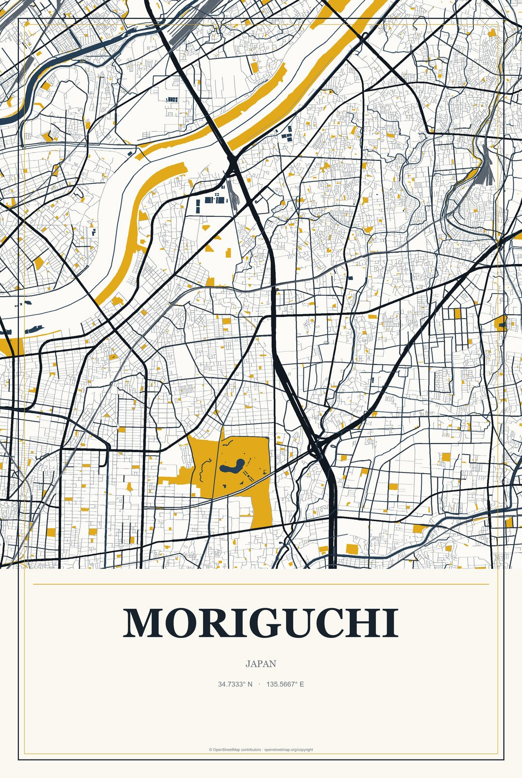 Moriguchi, Japan City Map Aluminum Sign in Citrine Modern style