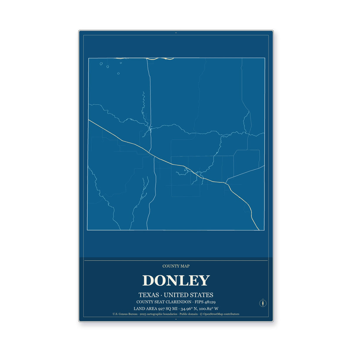 Donley County, Texas Map Aluminum Sign in Harbor Cobalt style