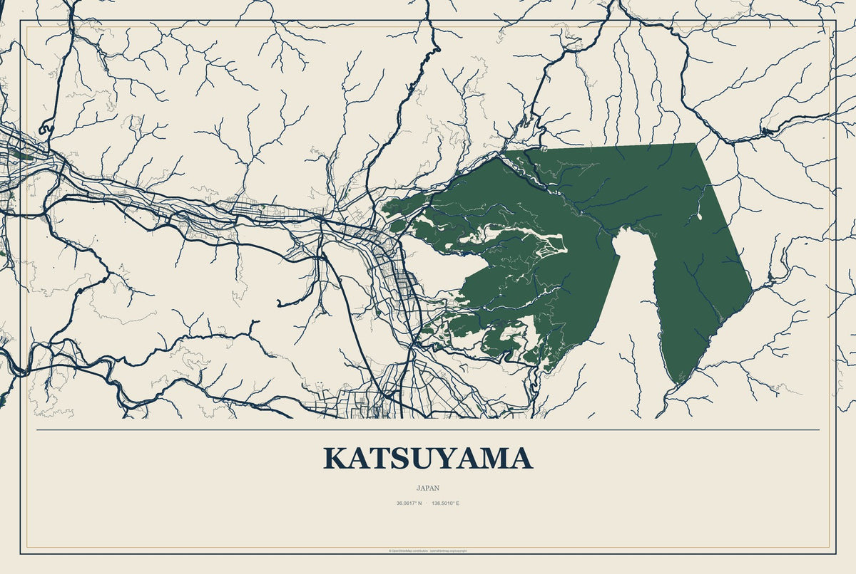 Katsuyama, Japan City Map Aluminum Sign in Coastal Cutout style