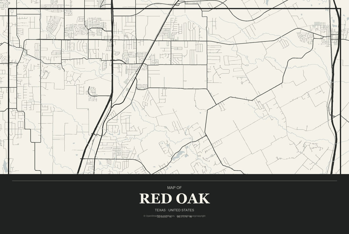 Red Oak, Texas City Map Aluminum Sign in Museum Plaque style