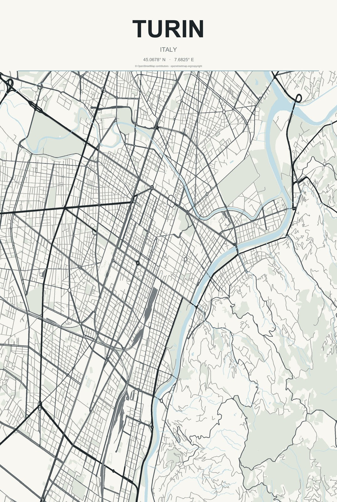 Turin, Italy City Map Aluminum Sign in Headline Atlas style