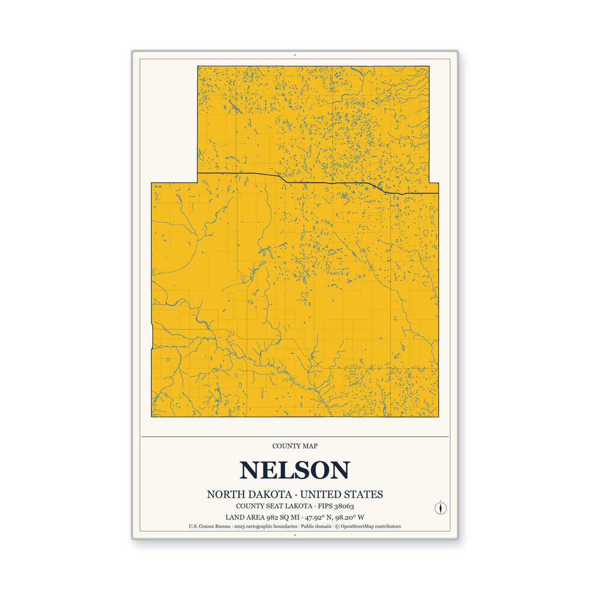 Nelson County, North Dakota Map Aluminum Sign in Citrine Modern style