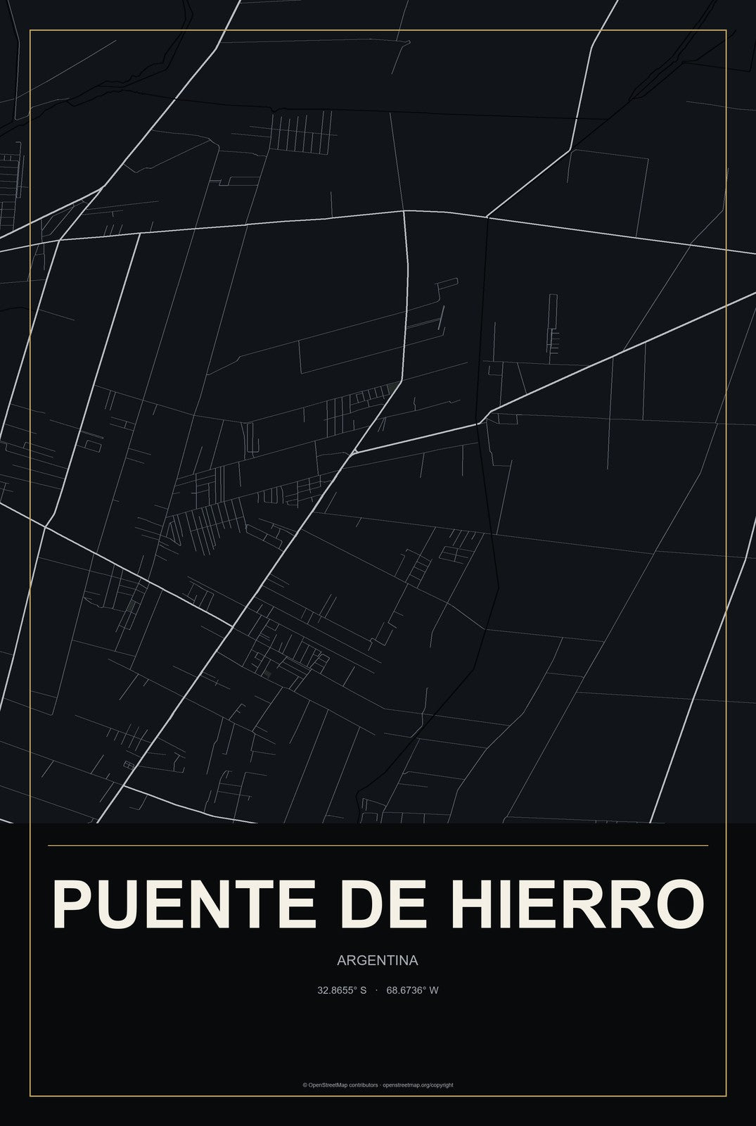 Puente de Hierro, Argentina City Map Aluminum Sign in Metropolitan Noir style