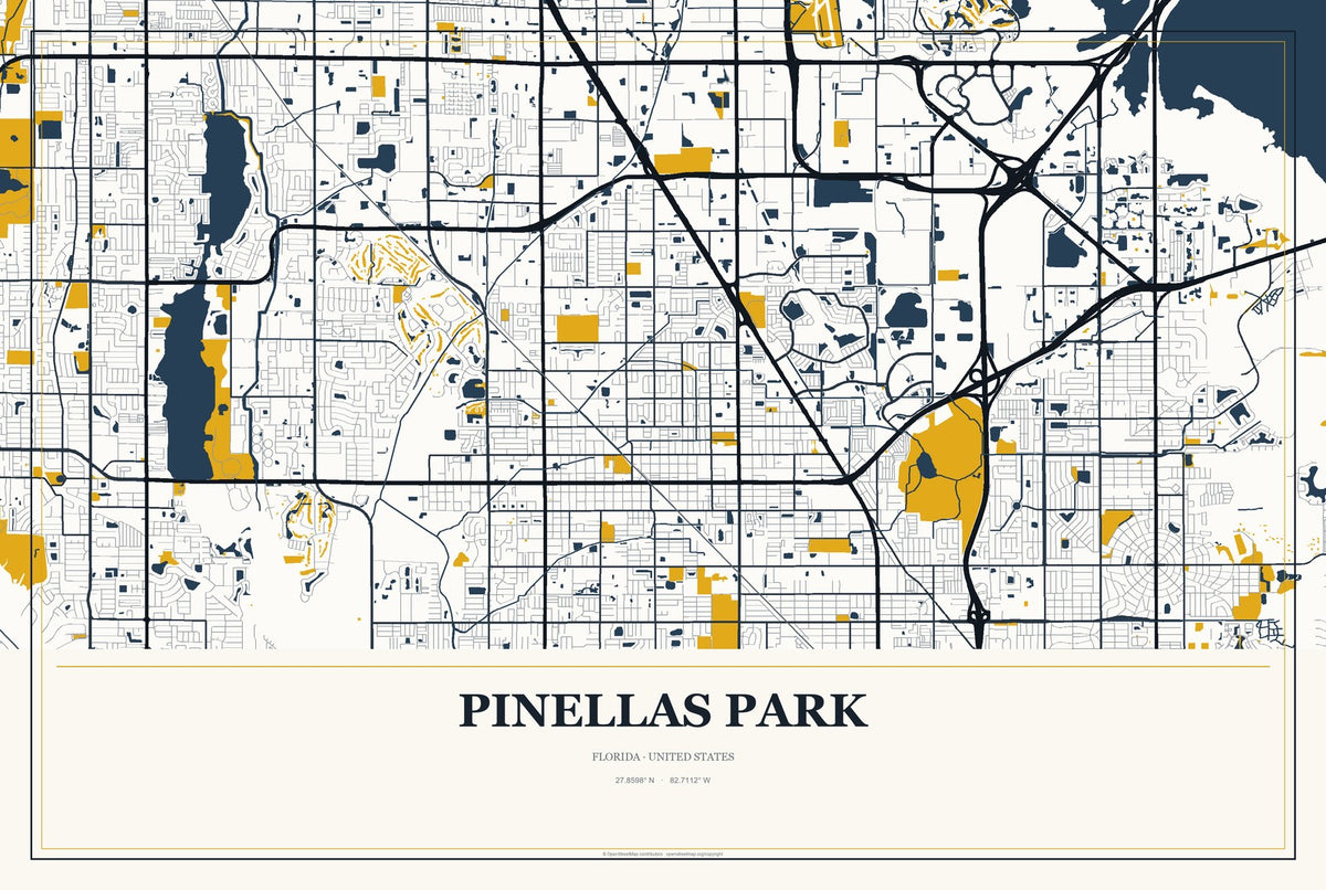 Pinellas Park, Florida City Map Aluminum Sign in Citrine Modern style