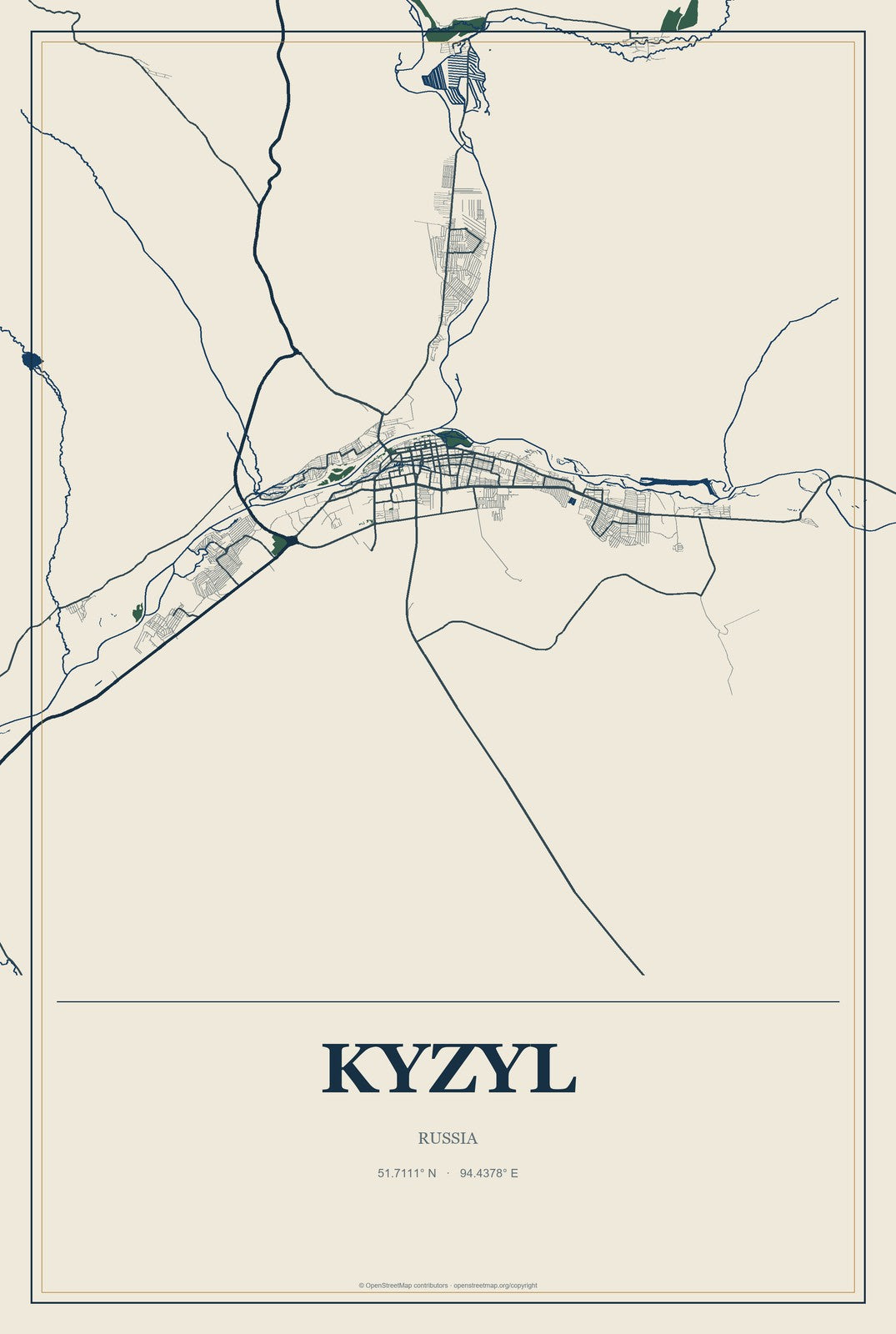 Kyzyl, Russia City Map Aluminum Sign in Coastal Cutout style