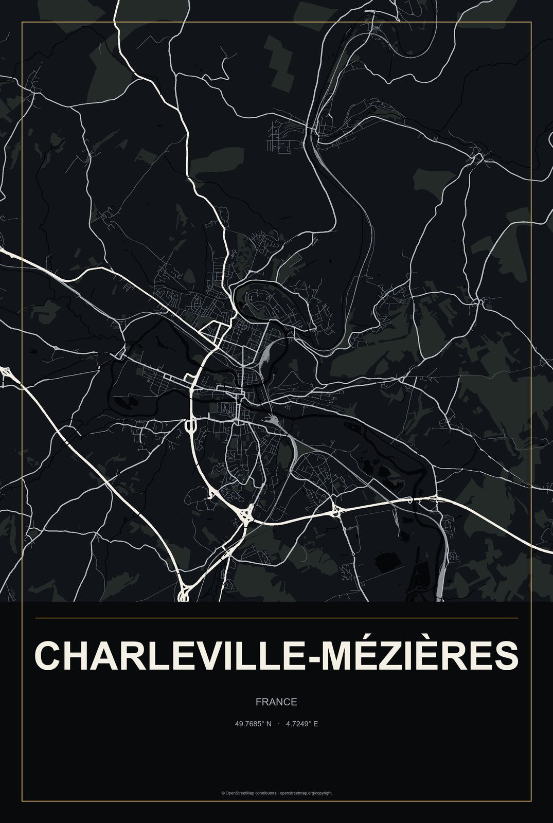 Charleville-Mézières, France City Map Aluminum Sign in Metropolitan Noir style