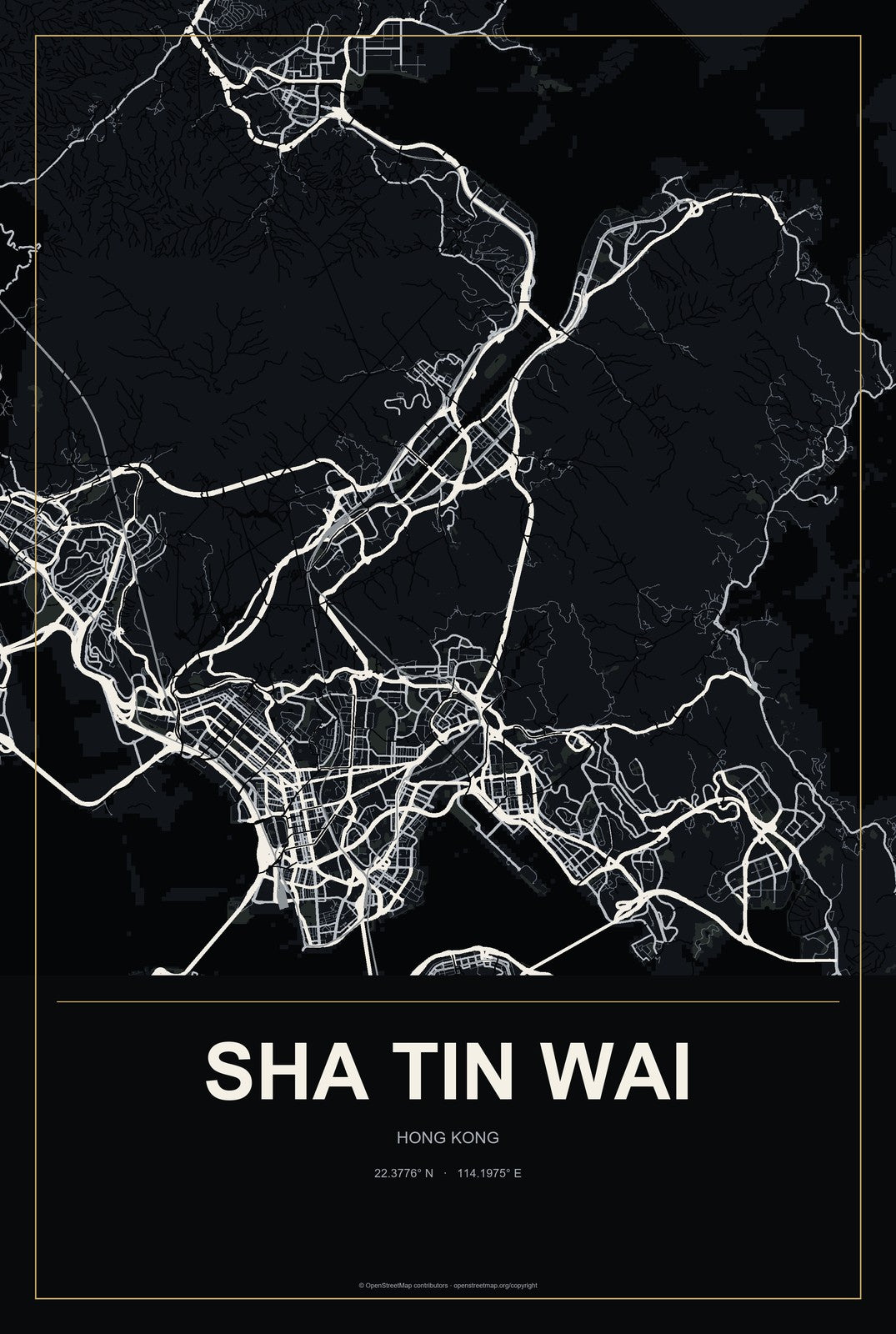 Sha Tin Wai, Hong Kong City Map Aluminum Sign in Metropolitan Noir style