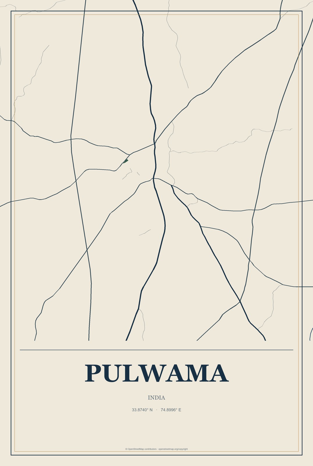 Pulwama, India City Map Aluminum Sign in Coastal Cutout style