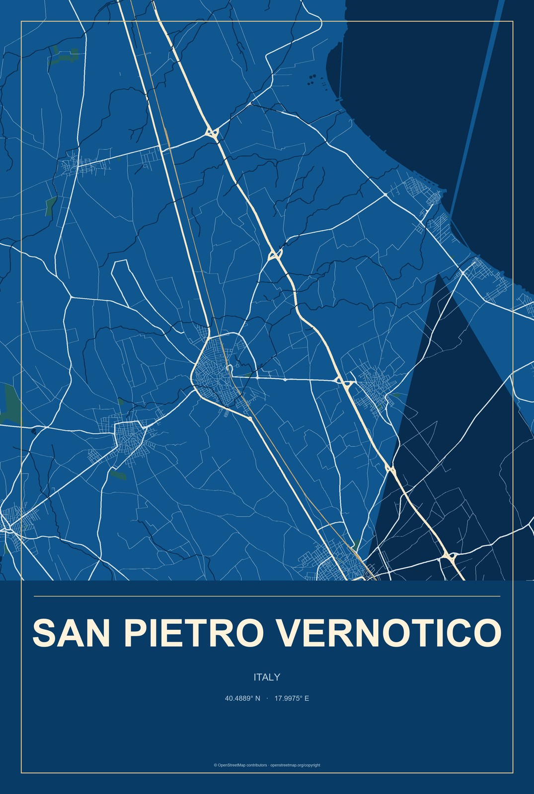 San Pietro Vernotico, Italy City Map Aluminum Sign in Harbor Cobalt style