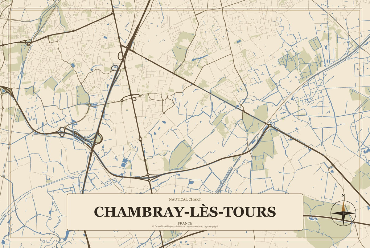 Chambray-lès-Tours, France City Map Aluminum Sign in Heritage Nautical style