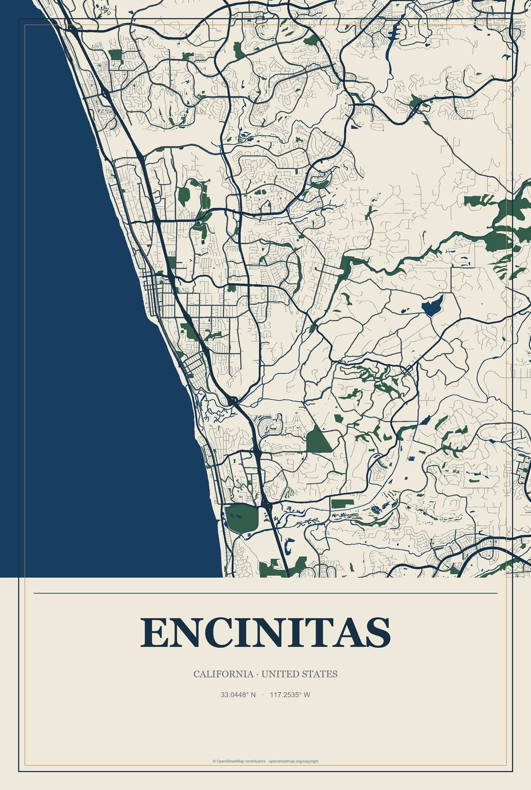 Encinitas, California City Map Aluminum Sign in Coastal Cutout style