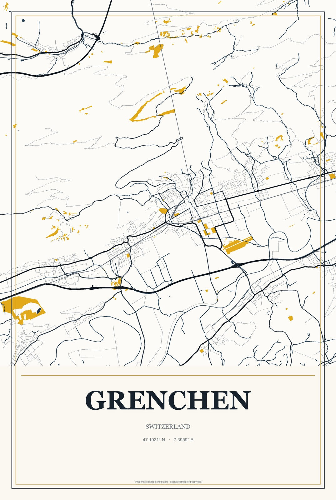 Grenchen, Switzerland City Map Aluminum Sign in Citrine Modern style