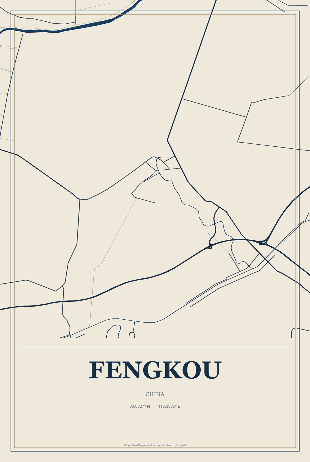Fengkou, China City Map Aluminum Sign in Coastal Cutout style