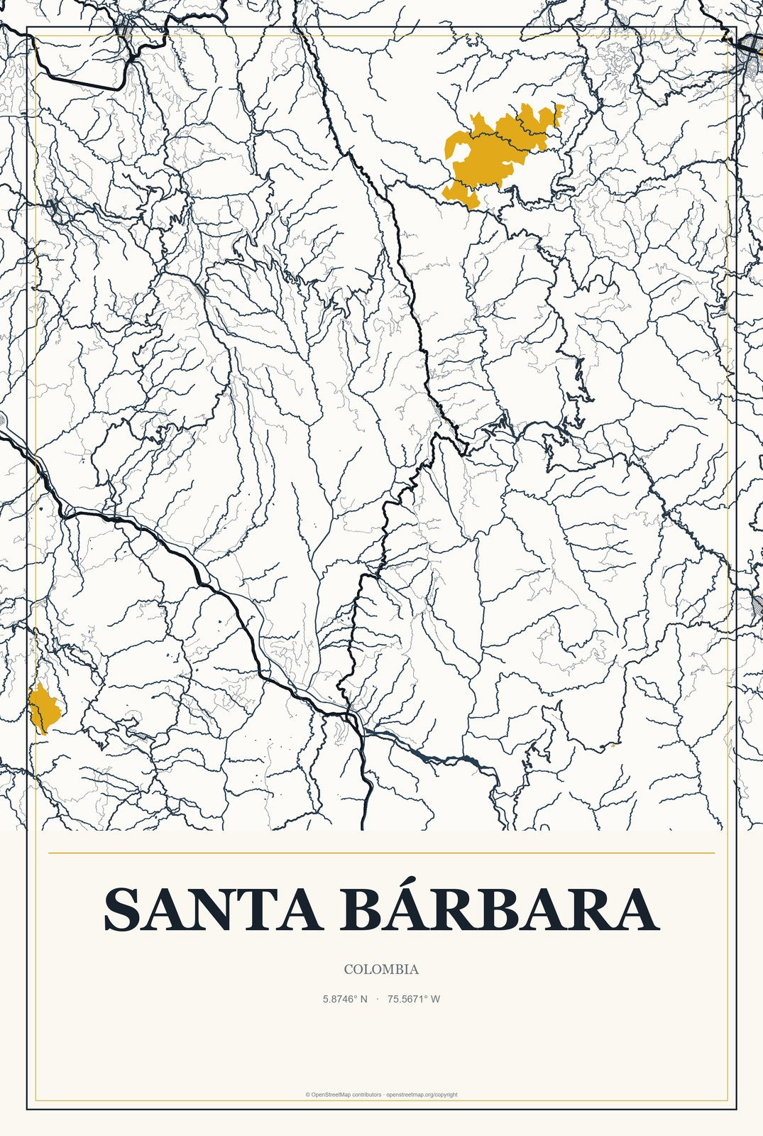 Santa Bárbara, Colombia City Map Aluminum Sign in Citrine Modern style