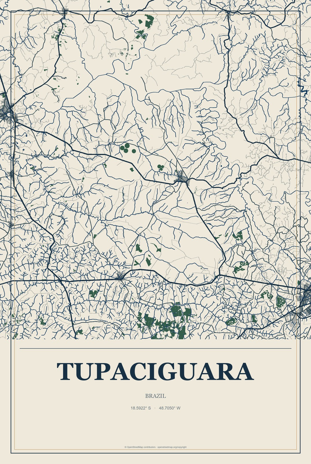 Tupaciguara, Brazil City Map Aluminum Sign in Coastal Cutout style