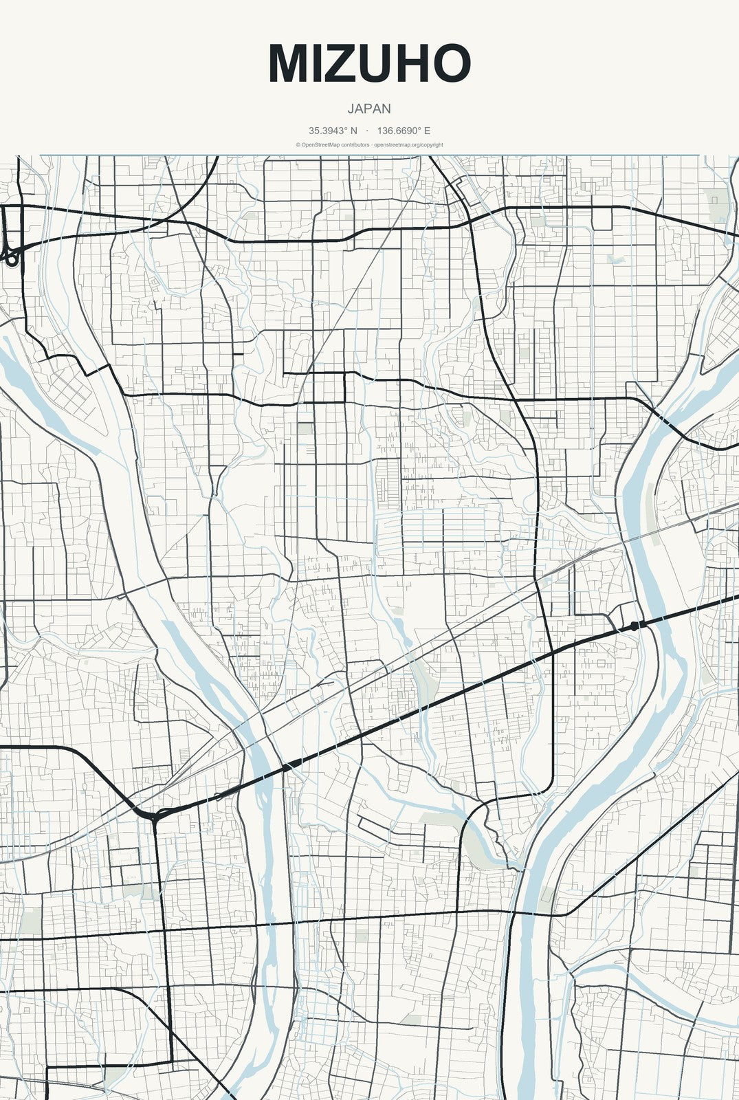 Mizuho, Japan City Map Aluminum Sign in Headline Atlas style