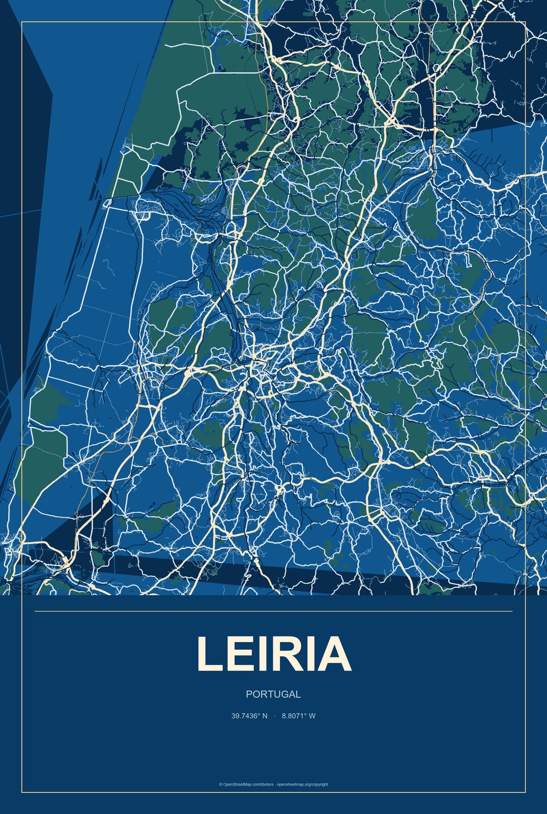 Leiria, Portugal City Map Aluminum Sign in Harbor Cobalt style