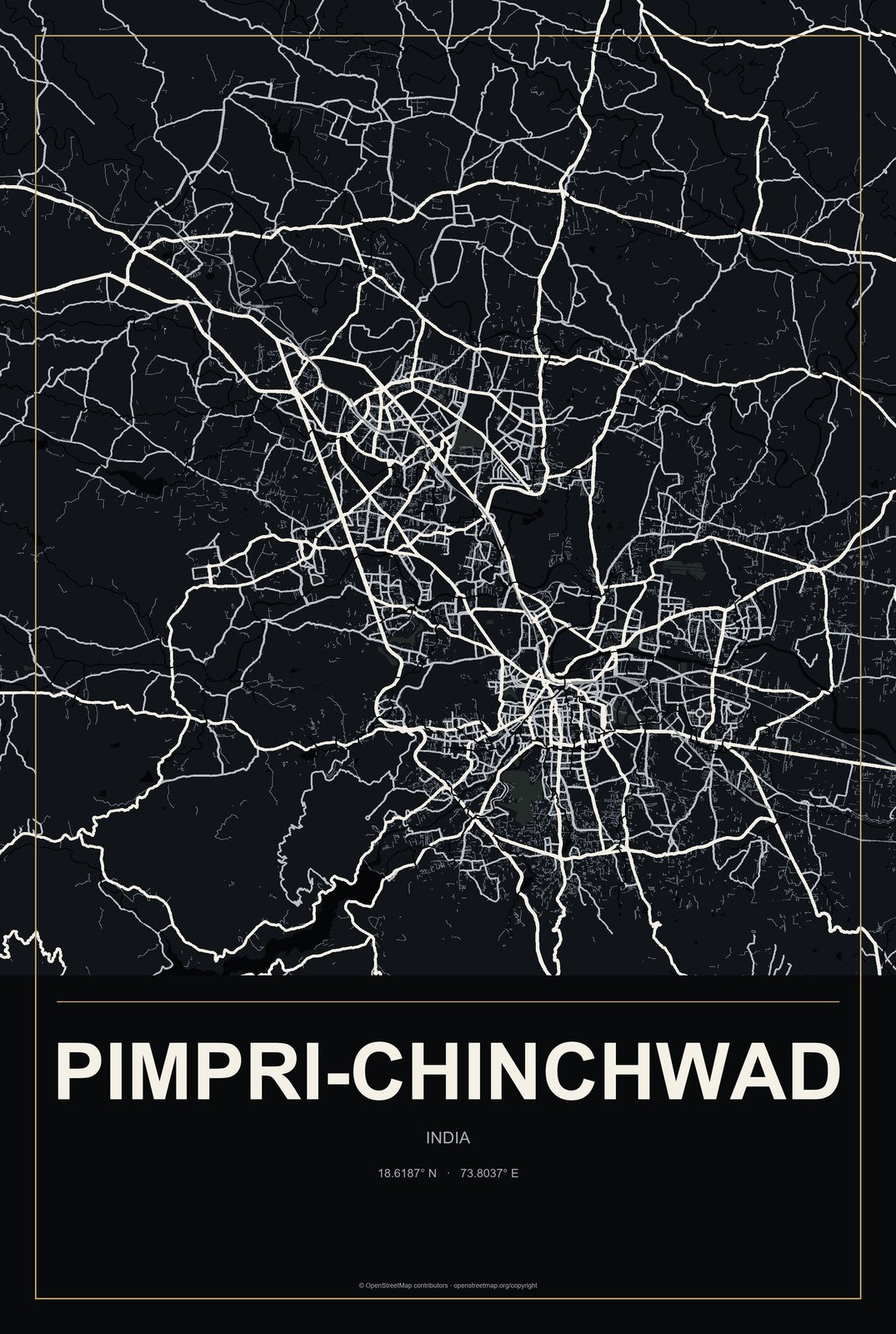 Pimpri-Chinchwad, India City Map Aluminum Sign in Metropolitan Noir style