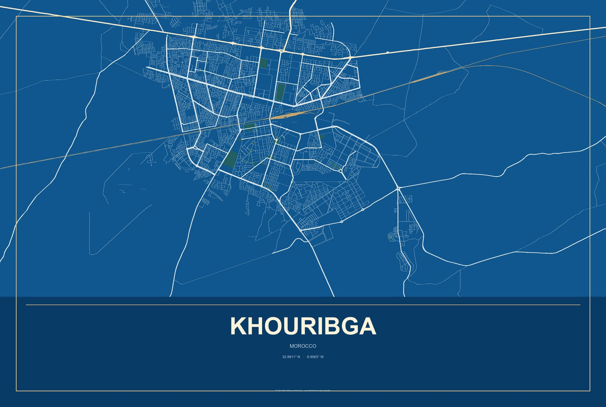Khouribga, Morocco City Map Aluminum Sign in Harbor Cobalt style