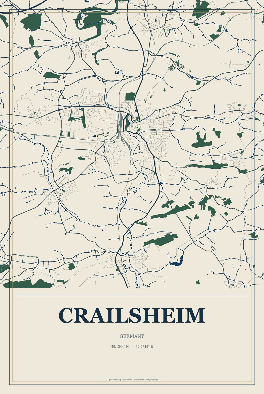 Crailsheim, Germany City Map Aluminum Sign in Coastal Cutout style