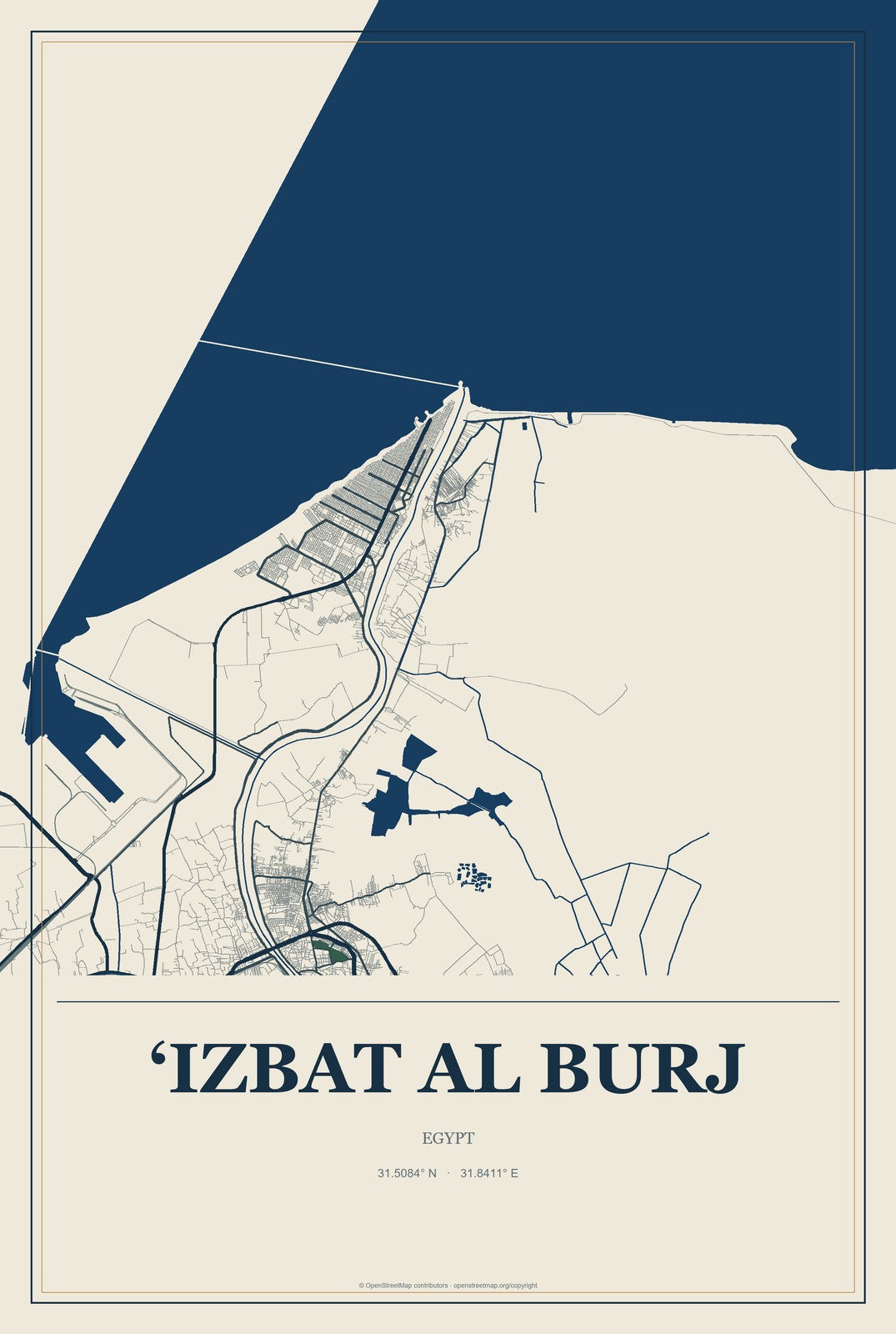 ‘Izbat al Burj, Egypt City Map Aluminum Sign in Coastal Cutout style