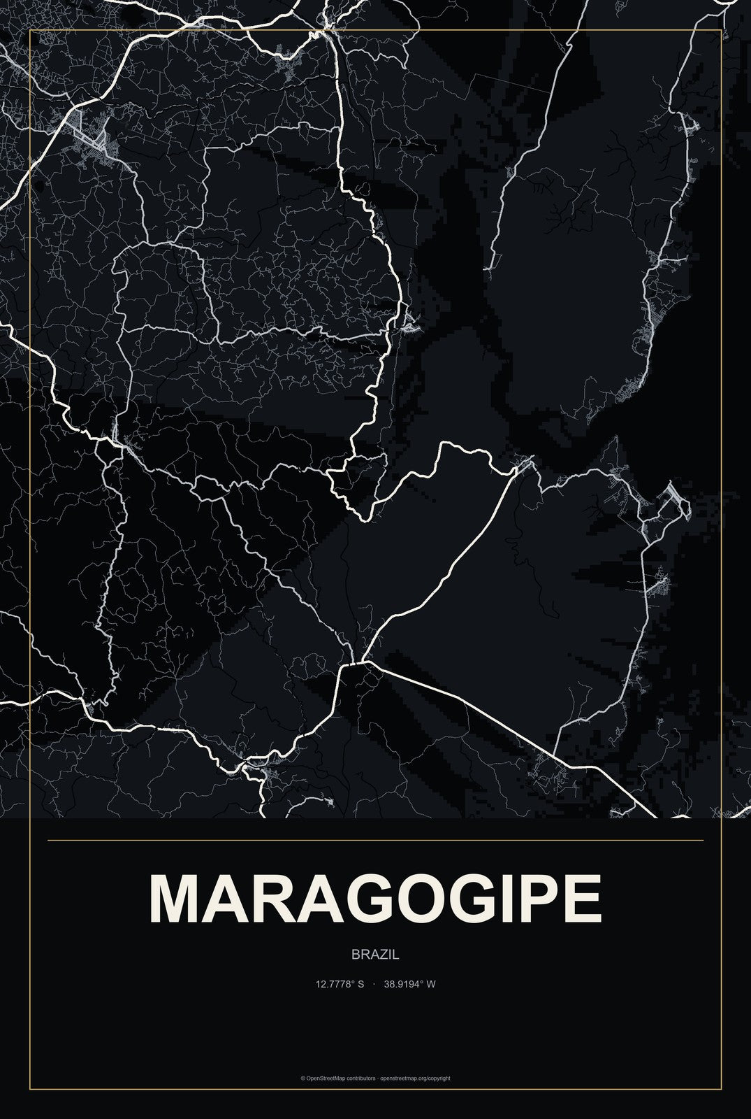 Maragogipe, Brazil City Map Aluminum Sign in Metropolitan Noir style
