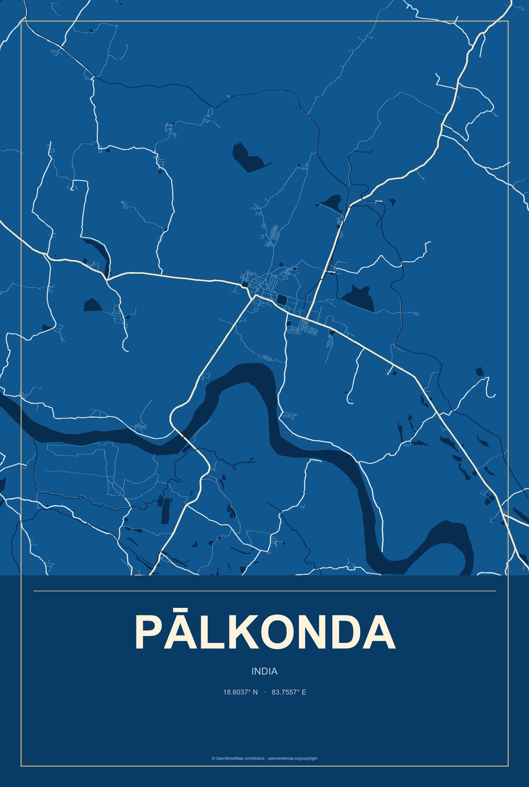 Pālkonda, India City Map Aluminum Sign in Harbor Cobalt style