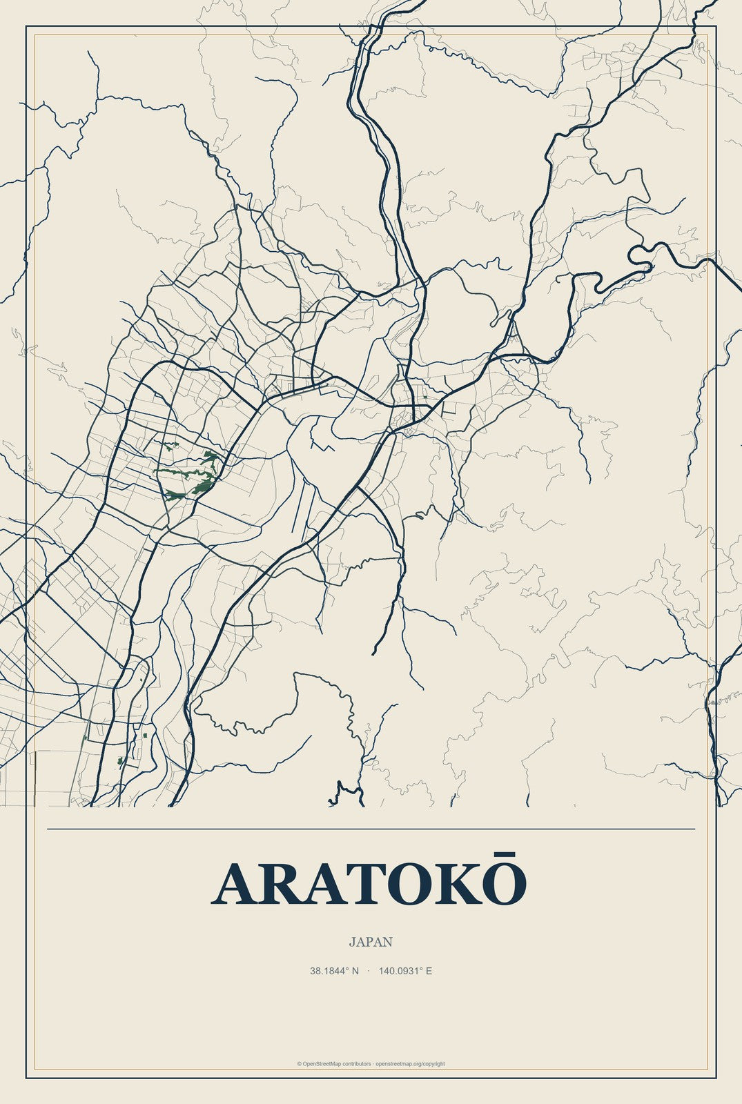 Aratokō, Japan City Map Aluminum Sign in Coastal Cutout style