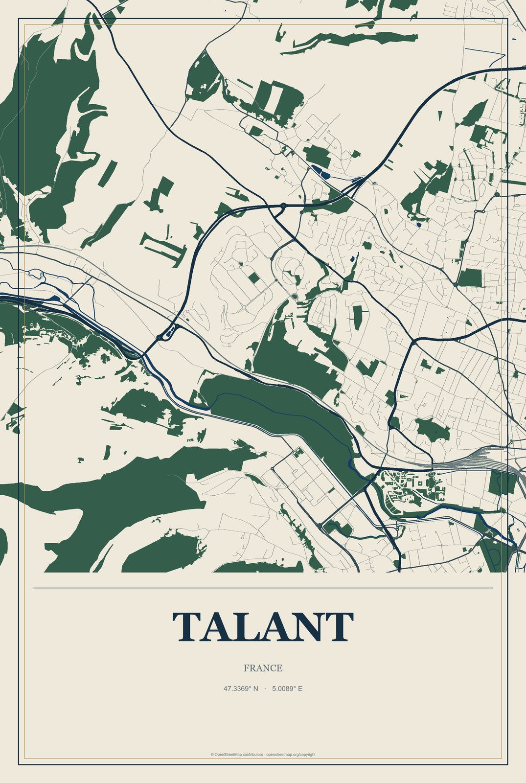 Talant, France City Map Aluminum Sign in Coastal Cutout style