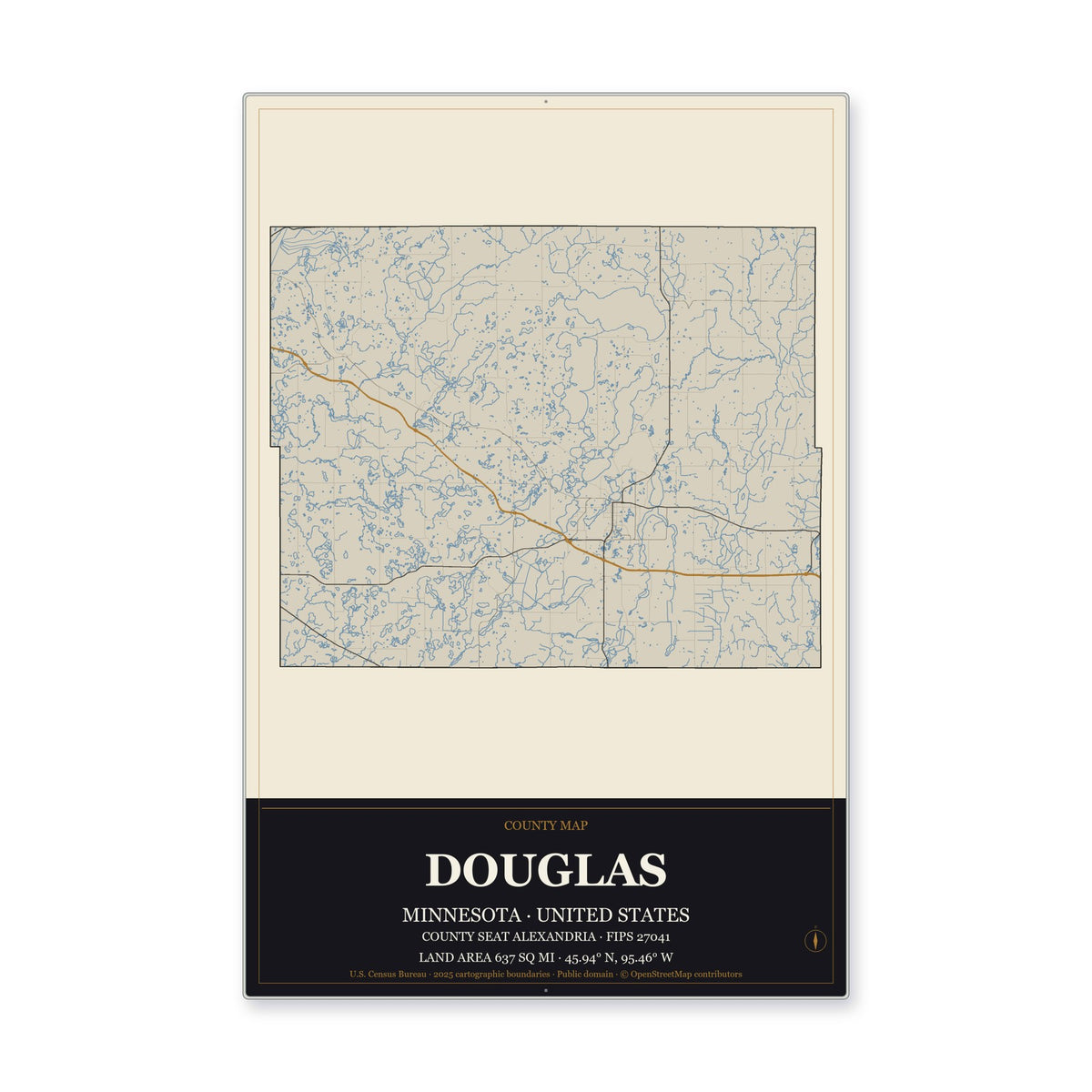 Douglas County, Minnesota Map Aluminum Sign in Museum Plaque style