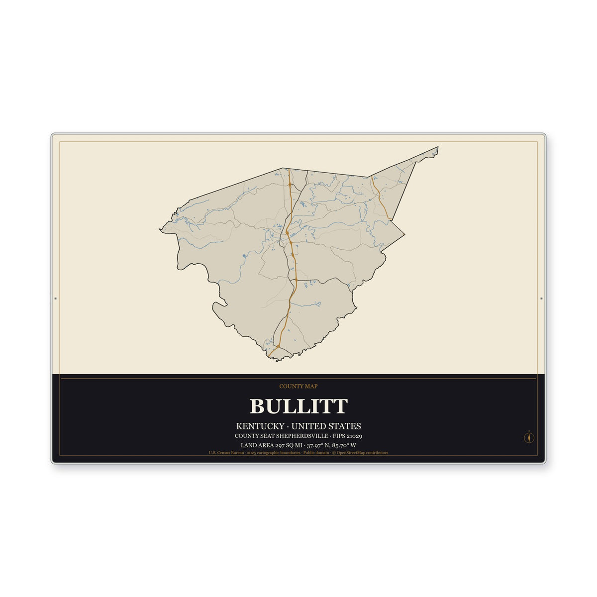 Bullitt County, Kentucky Map Aluminum Sign in Museum Plaque style