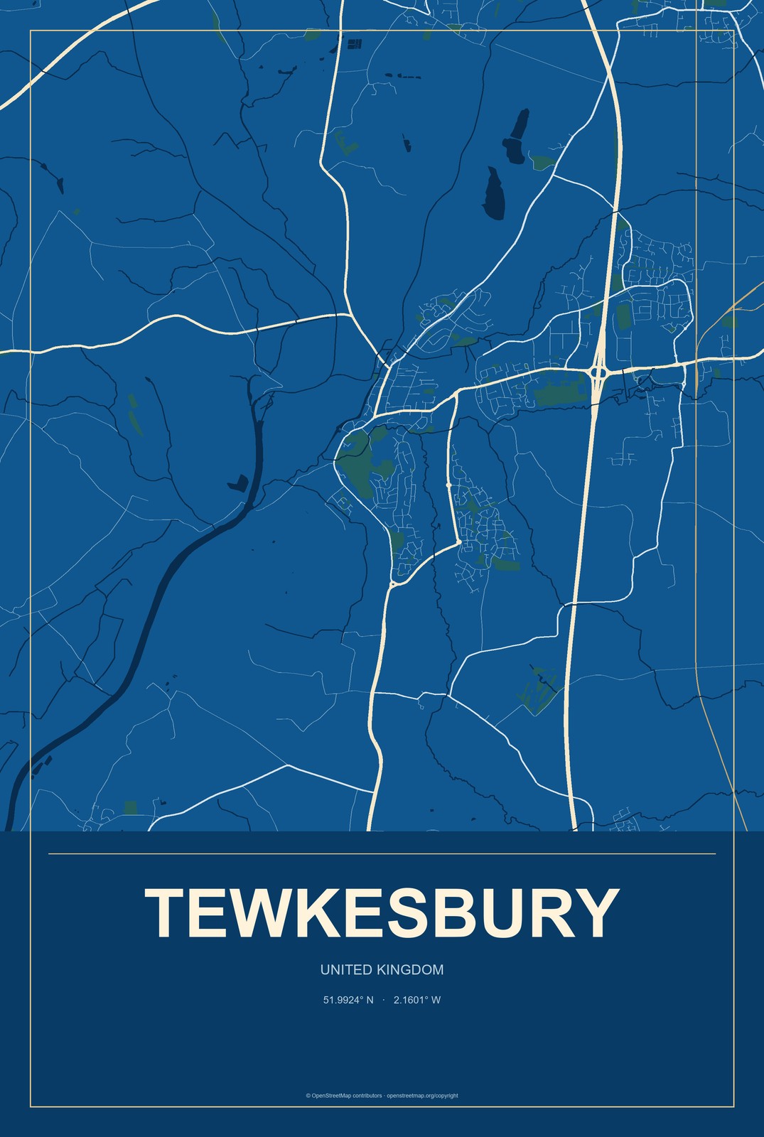 Tewkesbury, United Kingdom City Map Aluminum Sign in Harbor Cobalt style