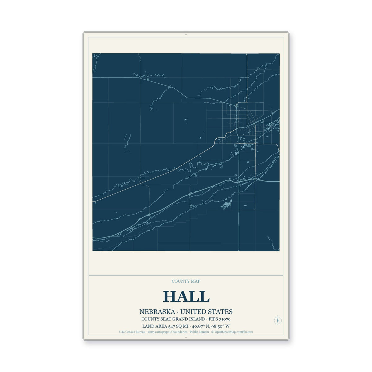 Hall County, Nebraska Map Aluminum Sign in Coastal Cutout style