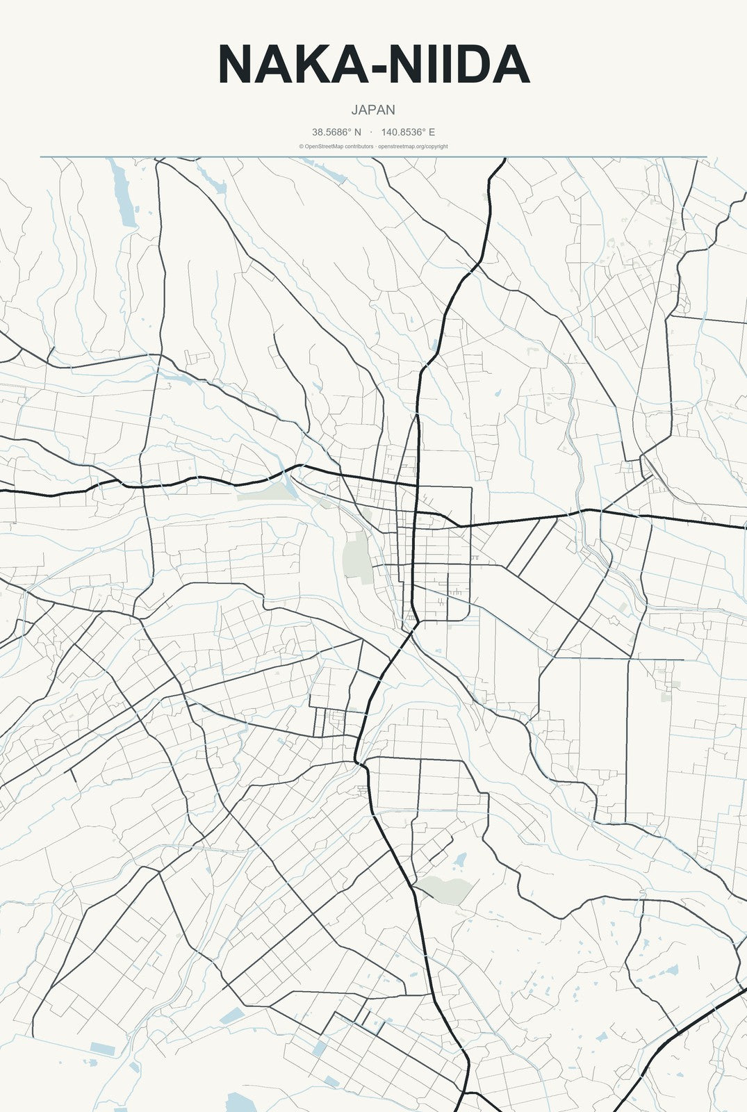 Naka-niida, Japan City Map Aluminum Sign in Headline Atlas style