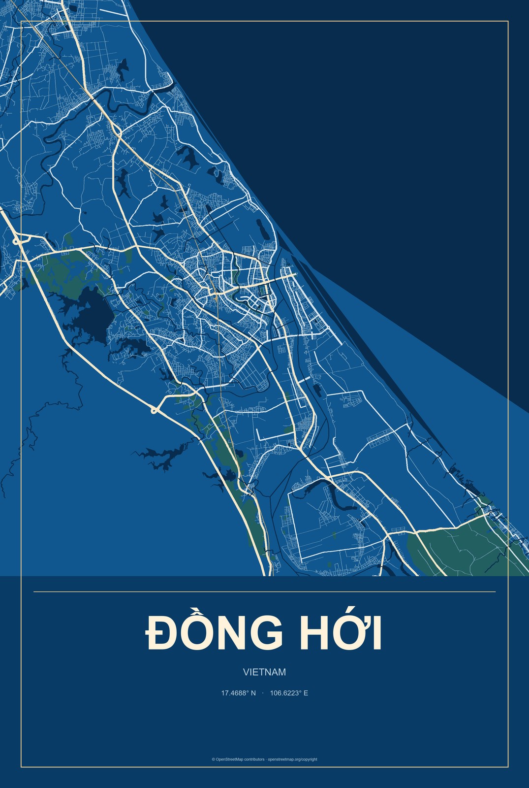 Đồng Hới, Vietnam City Map Aluminum Sign in Harbor Cobalt style