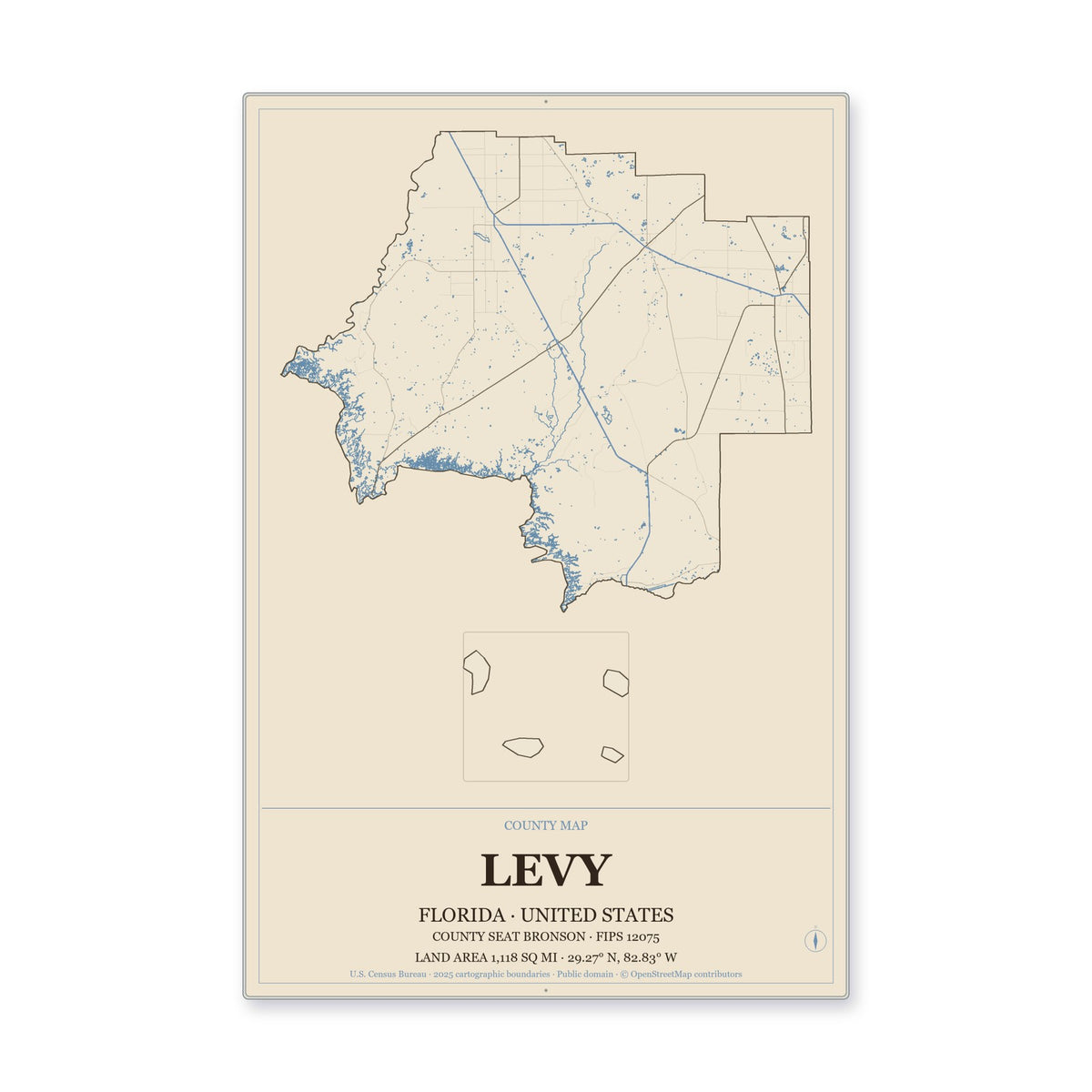 Levy County, Florida Map Aluminum Sign in Heritage Nautical style