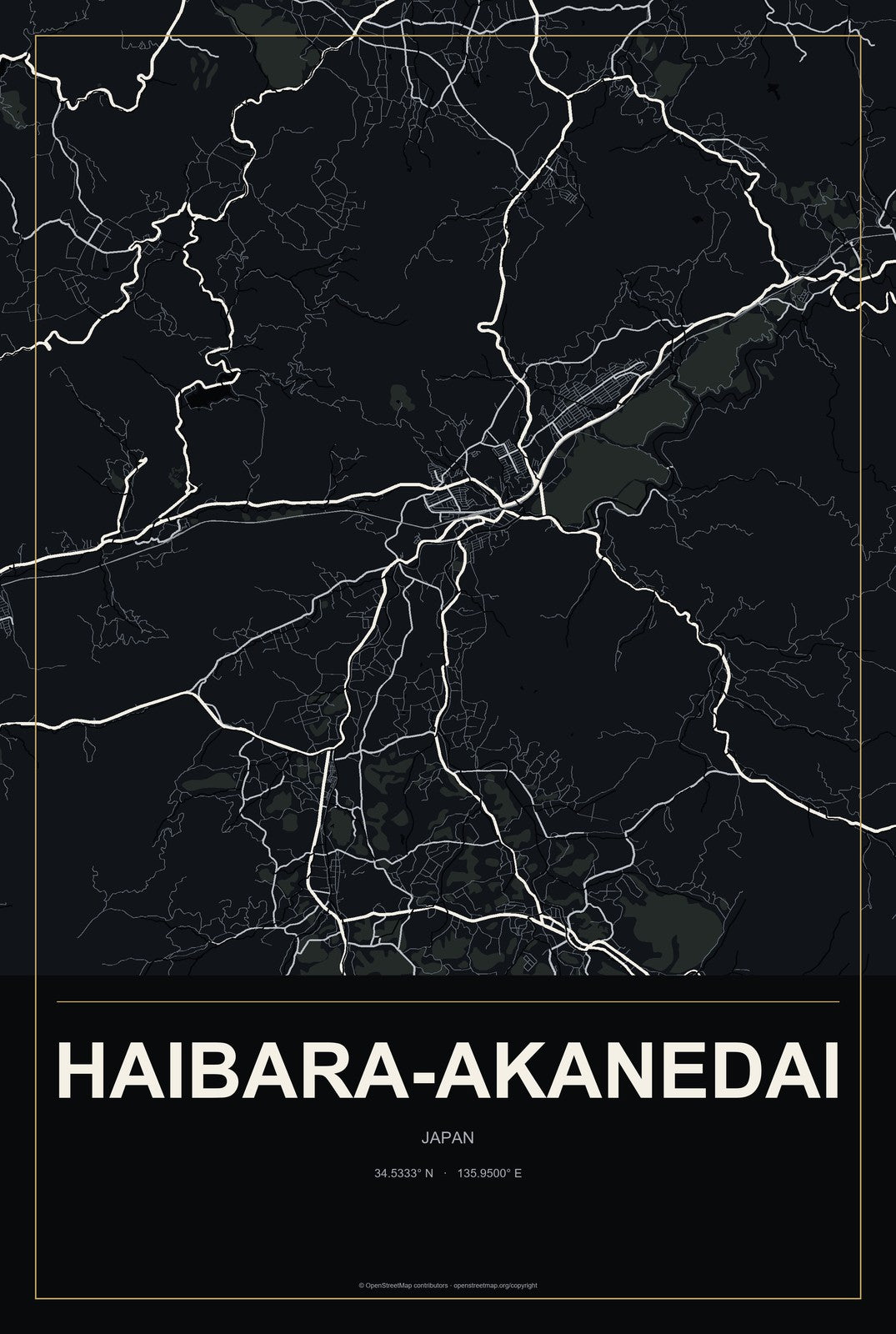 Haibara-akanedai, Japan City Map Aluminum Sign in Metropolitan Noir style