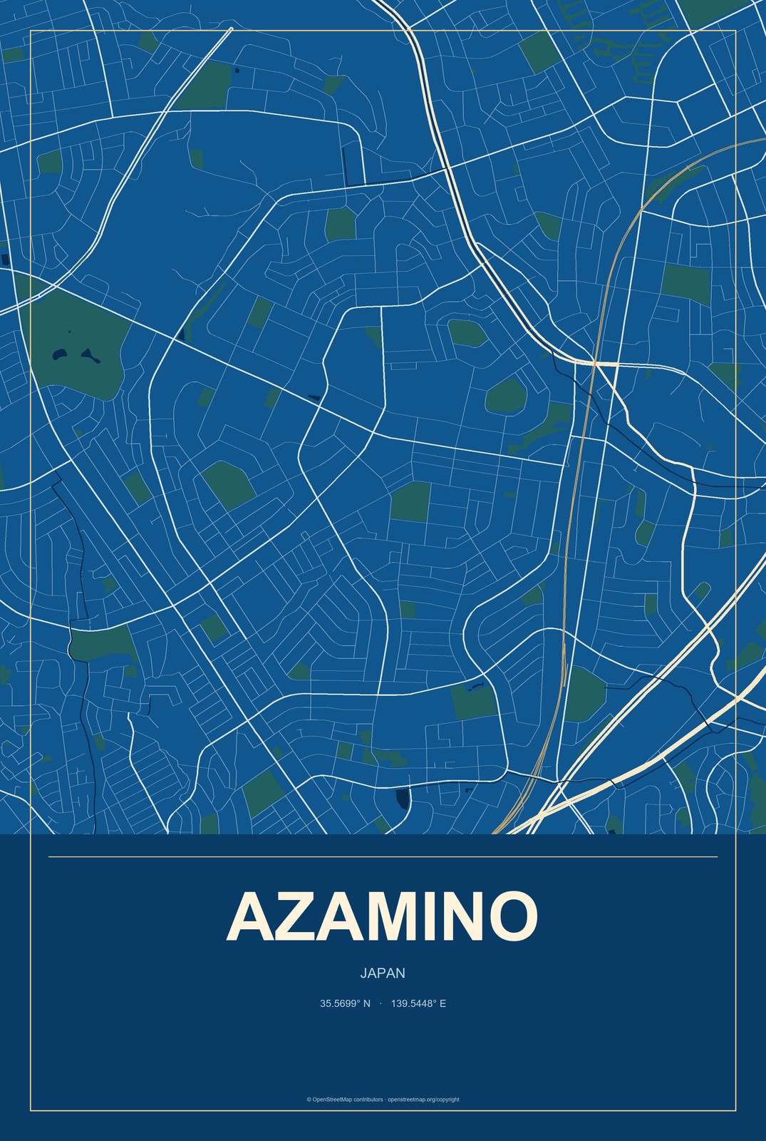Azamino, Japan City Map Aluminum Sign in Harbor Cobalt style