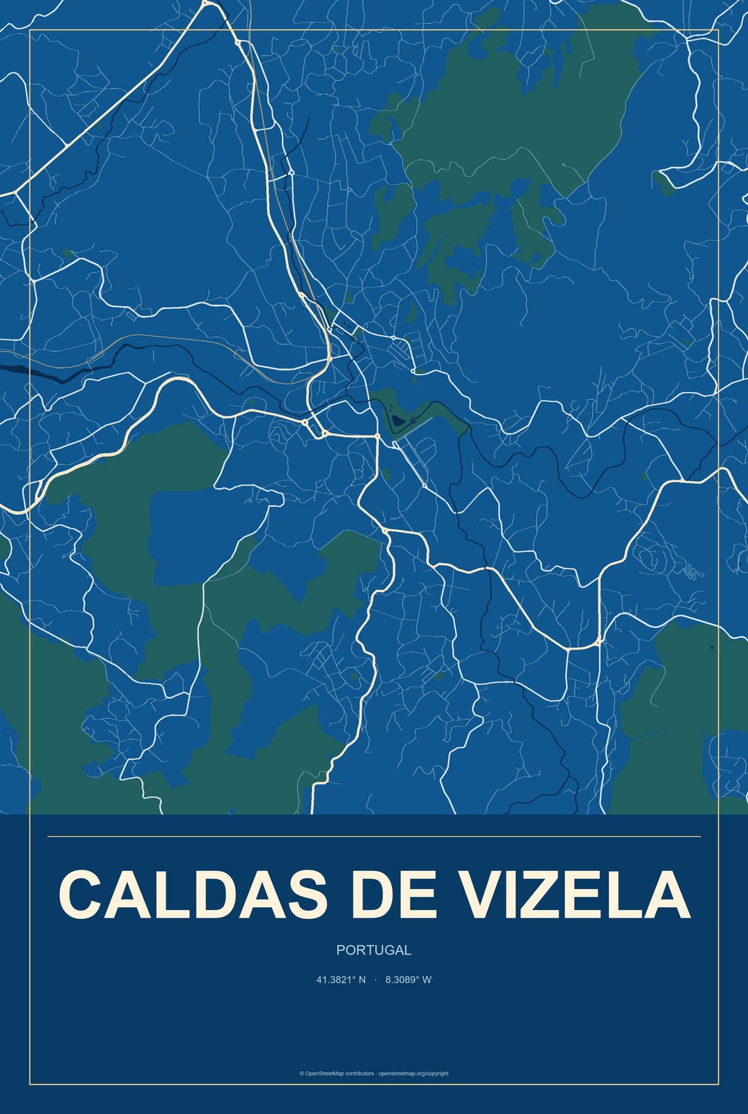 Caldas de Vizela, Portugal City Map Aluminum Sign in Harbor Cobalt style