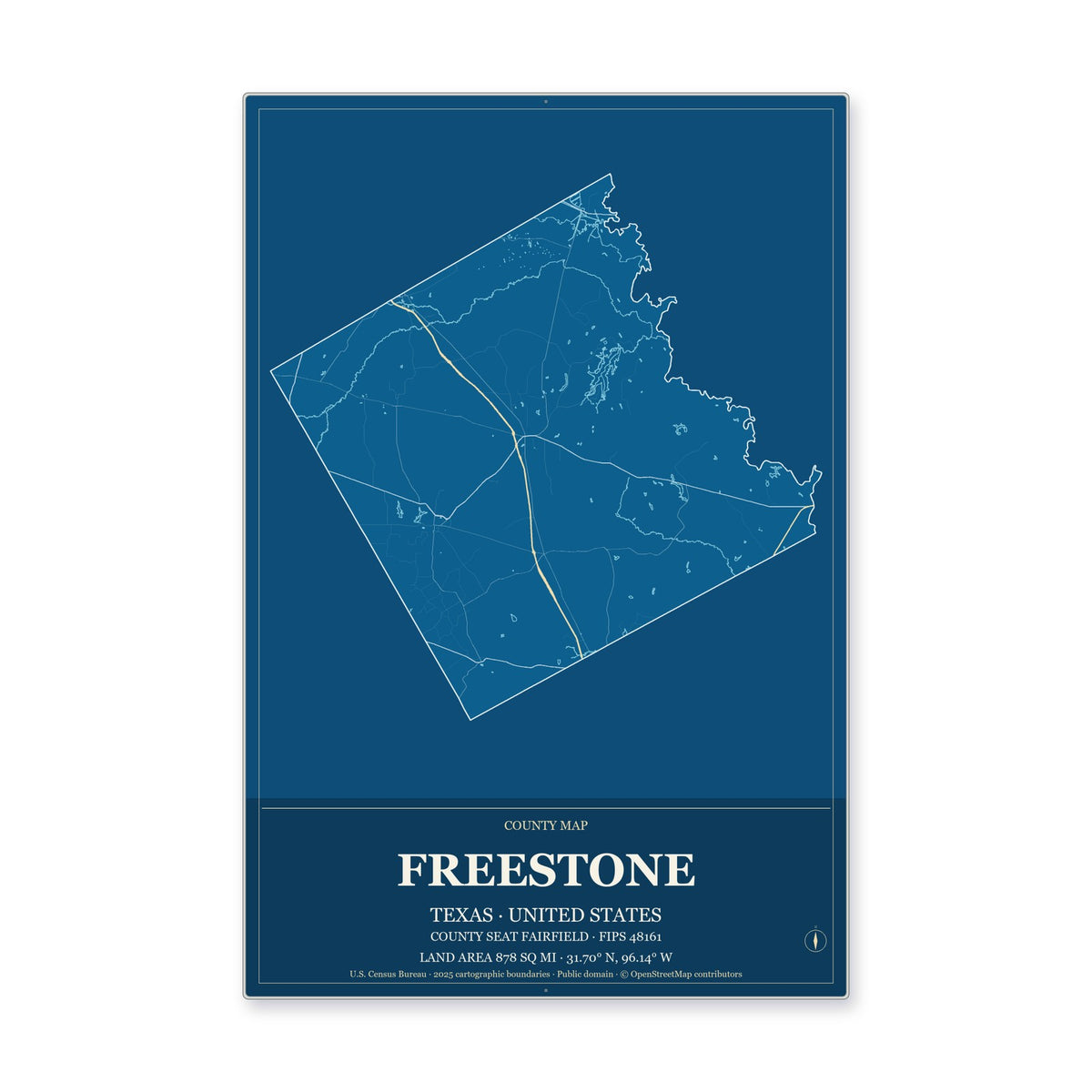 Freestone County, Texas Map Aluminum Sign in Harbor Cobalt style