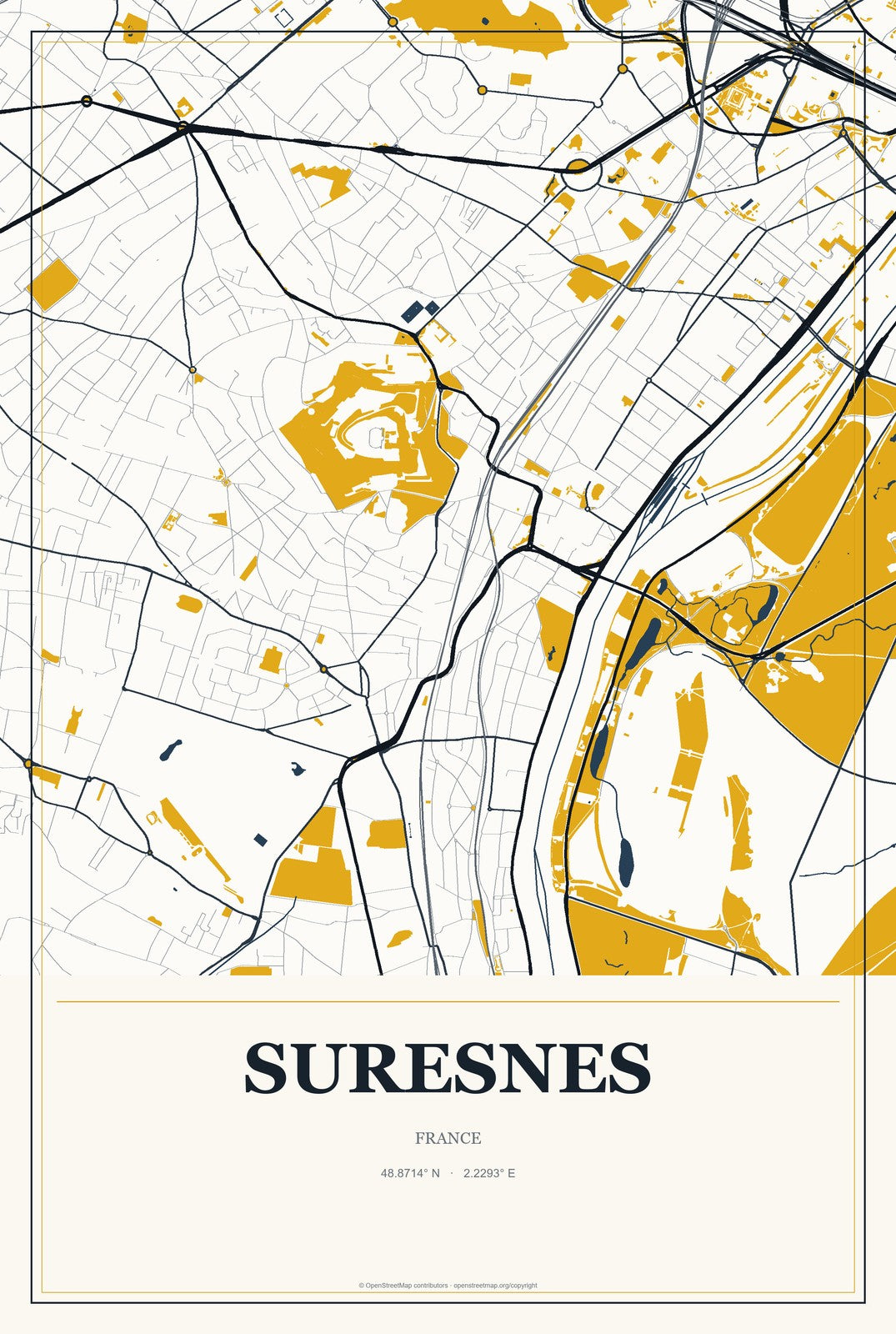 Suresnes, France City Map Aluminum Sign in Citrine Modern style