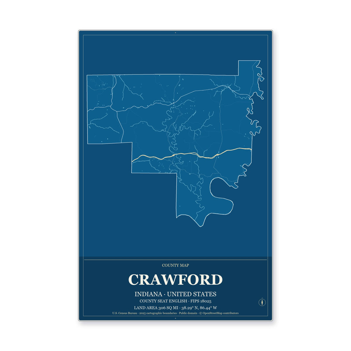 Crawford County, Indiana Map Aluminum Sign in Harbor Cobalt style