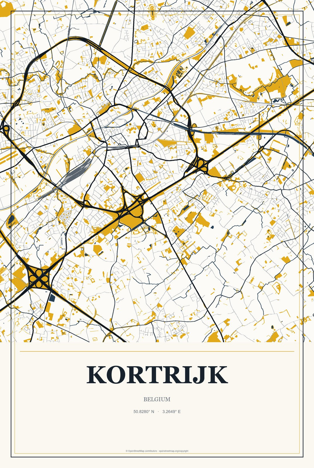 Kortrijk, Belgium City Map Aluminum Sign in Citrine Modern style