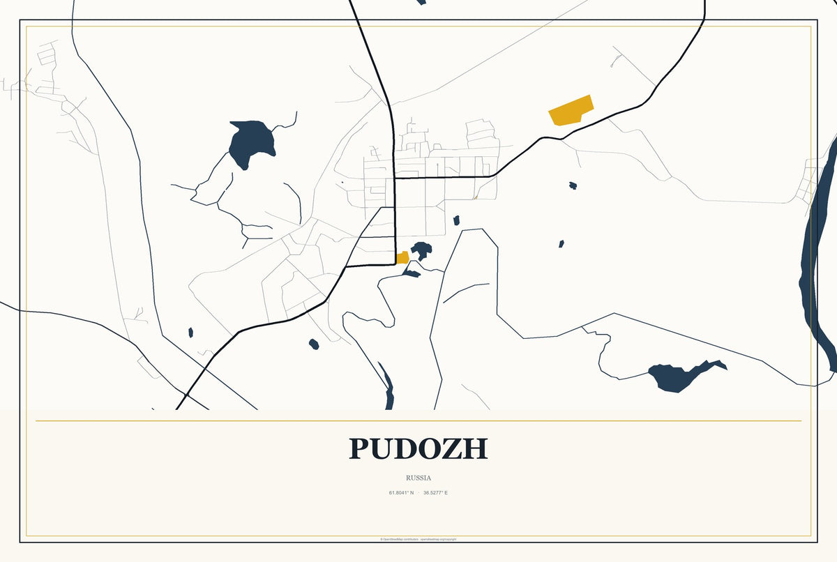 Pudozh, Russia City Map Aluminum Sign in Citrine Modern style