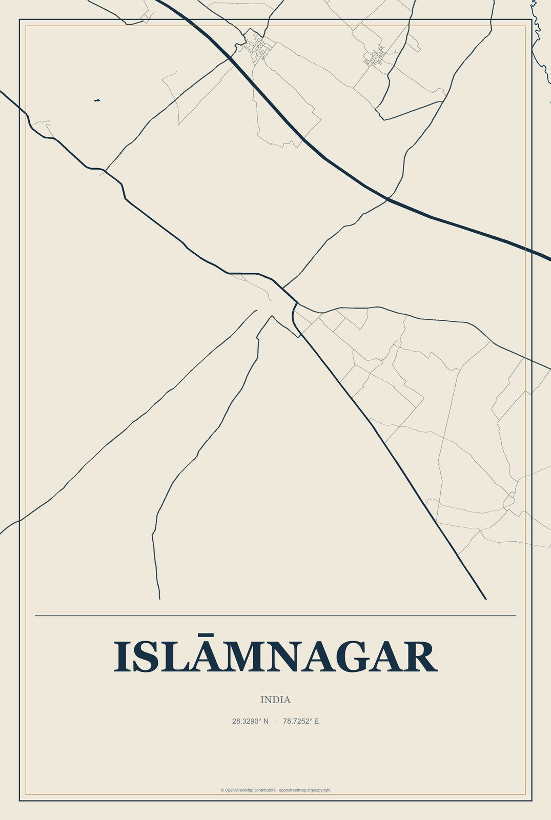 Islāmnagar, India City Map Aluminum Sign in Coastal Cutout style