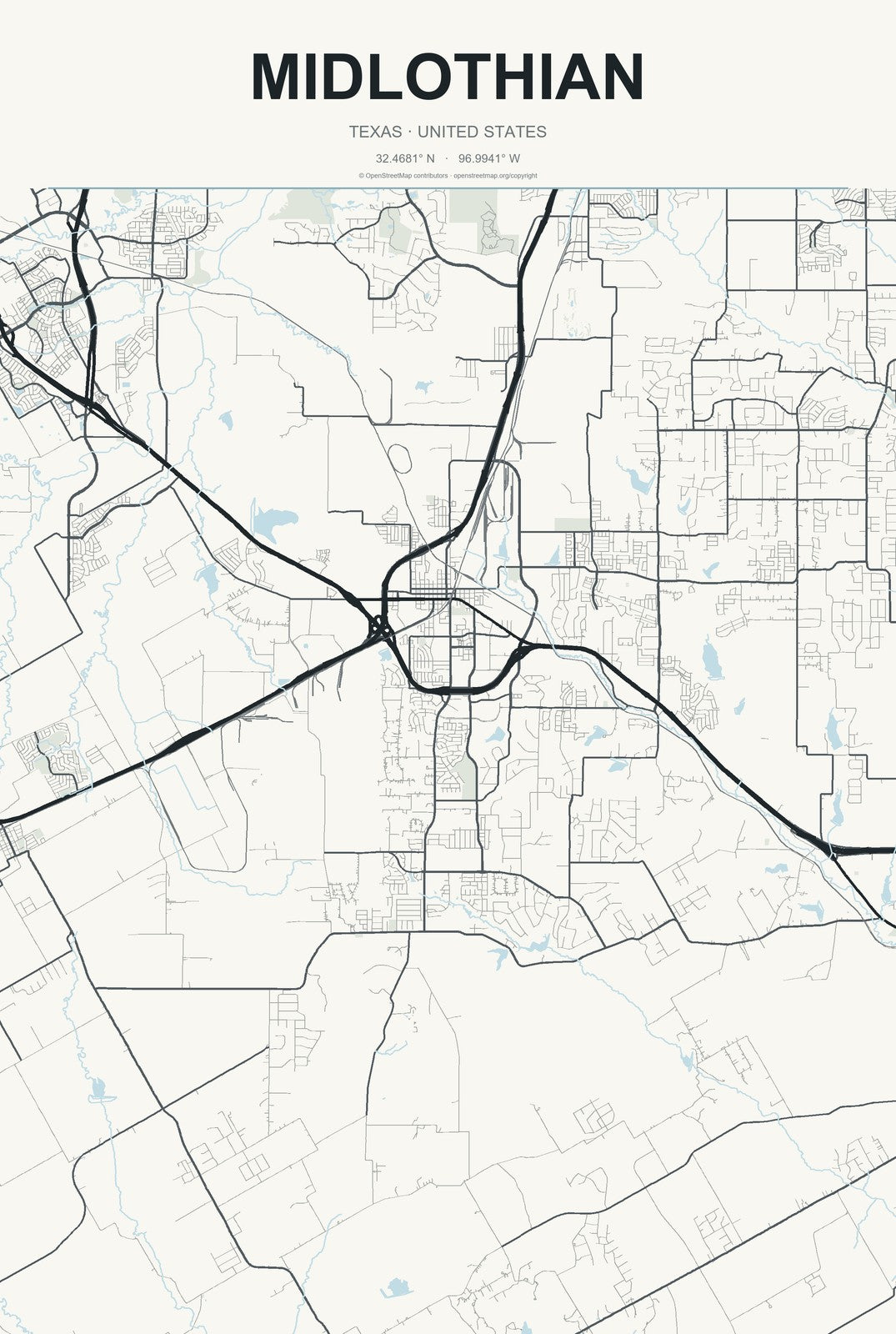 Midlothian, Texas City Map Aluminum Sign in Headline Atlas style
