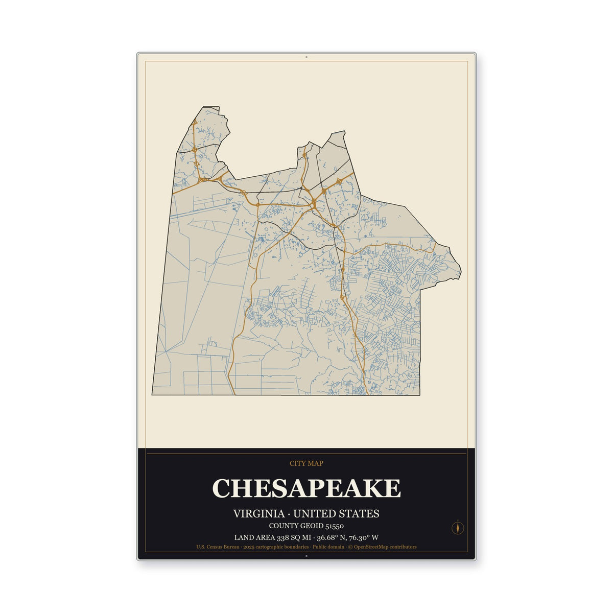 Chesapeake city, Virginia Map Aluminum Sign in Museum Plaque style