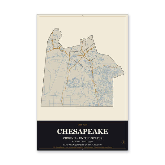 Chesapeake city, Virginia Map Aluminum Sign in Museum Plaque style