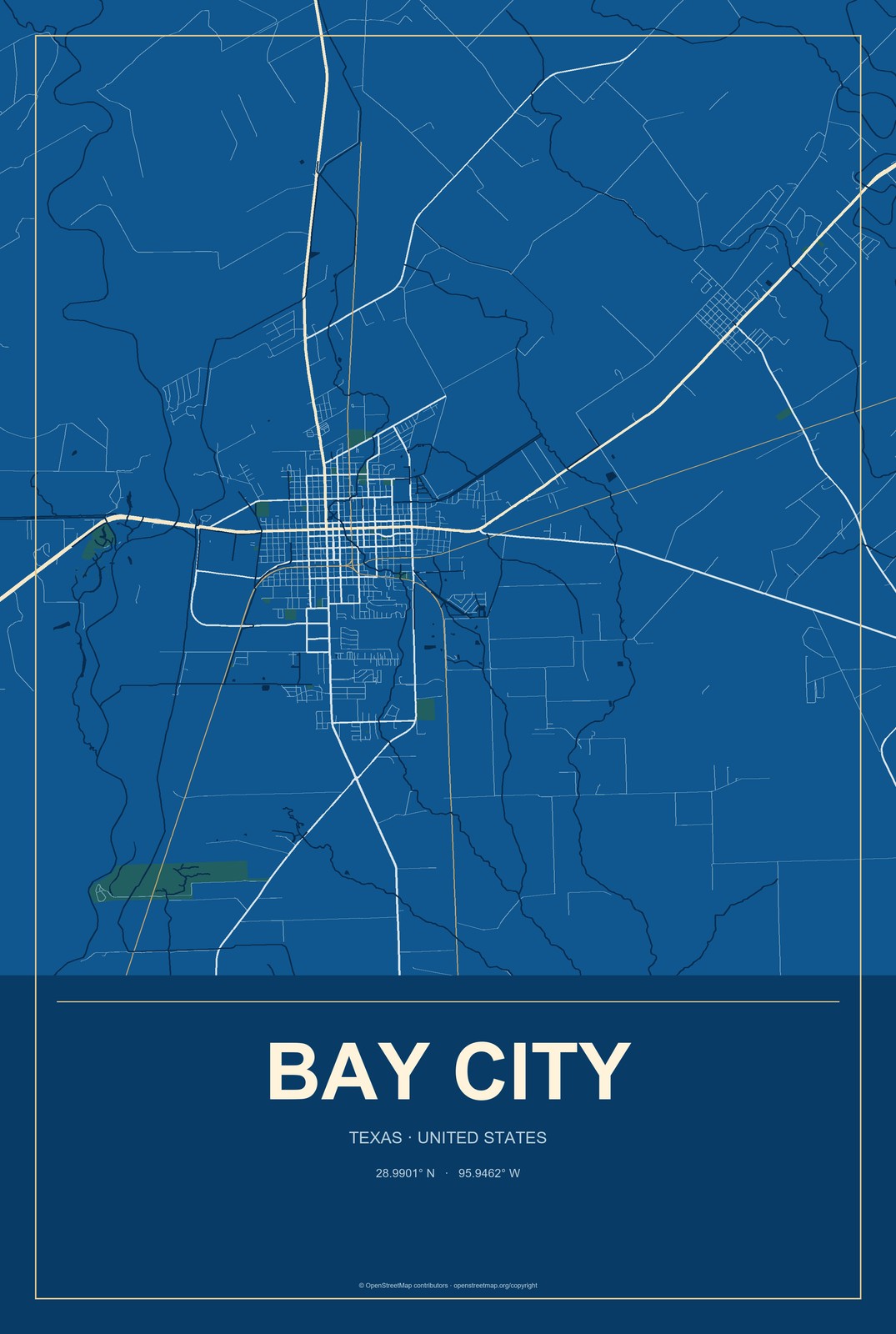 Bay City, Texas City Map Aluminum Sign in Harbor Cobalt style