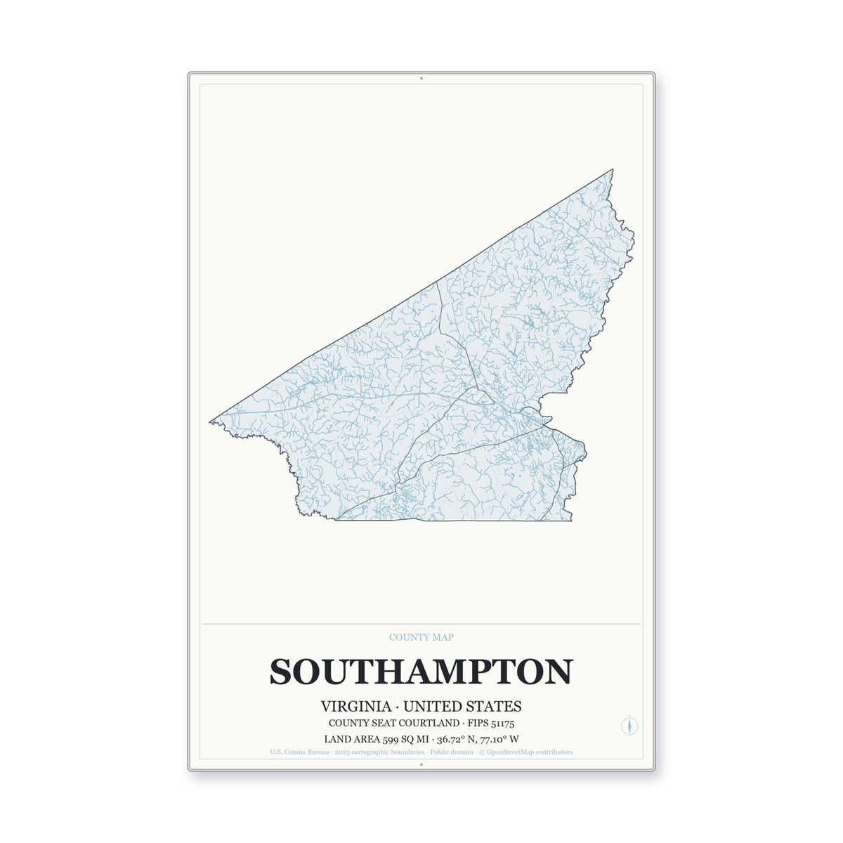 Southampton County, Virginia Map Aluminum Sign in Gallery Air style